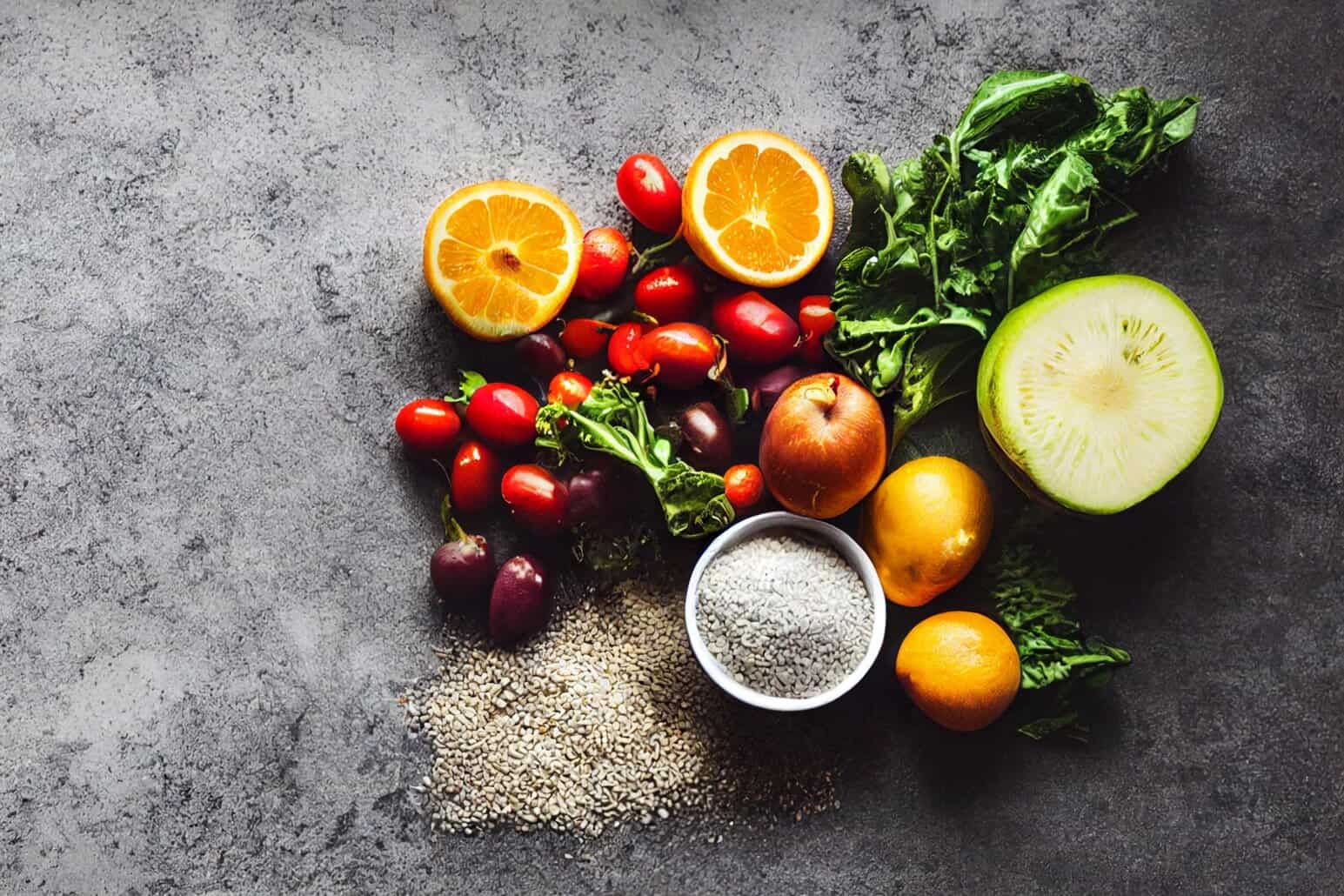Fruits, vegetables, and seeds arranged on the surface, highlighting NutriFusion’s natural, whole-food ingredients.