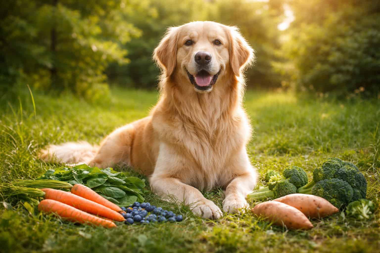 Healthy dog with shiny coat sitting outdoors surrounded by natural whole food ingredients